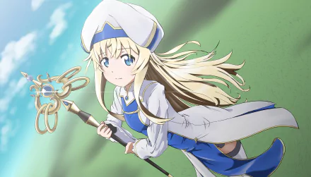 Priestess (Goblin Slayer) anime wallpaper: blonde, blue‑eyed priestess in white hat and blue robes, holding a staff, hair flowing against a bright sky — 4K Ultra HD PC desktop background.