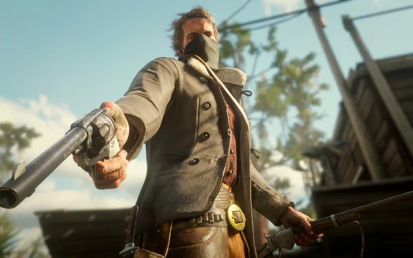 4K Ultra HD PC desktop wallpaper featuring Arthur Morgan from the video game Red Dead Redemption 2, aiming a revolver with a rugged Western backdrop.