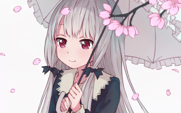 HD desktop wallpaper featuring Sophie Twilight from 'Tonari no Kyuuketsuki-san', with cherry blossoms and a gentle smile.