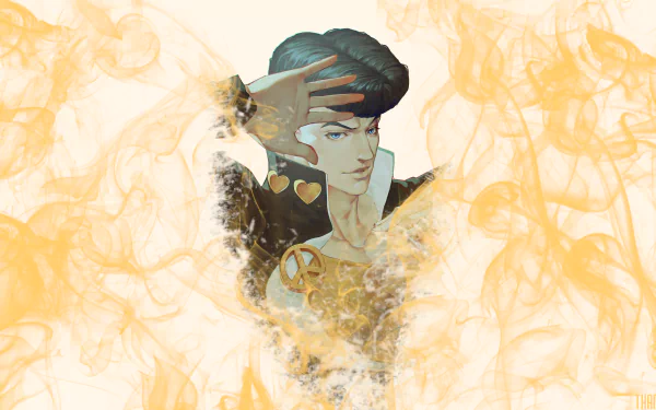 HD PC desktop wallpaper featuring Josuke Higashikata from the anime JoJo's Bizarre Adventure with vibrant orange smoke effects on a light background.