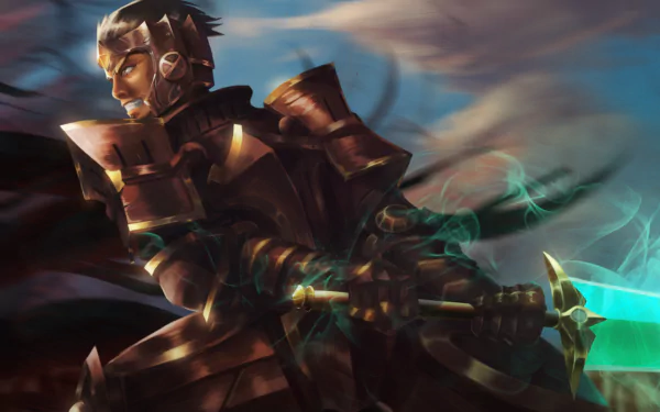 HD anime desktop wallpaper featuring Gazef Stronoff from Overlord in detailed armor, wielding a glowing sword against a dramatic sky backdrop.