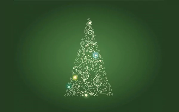 Abstract Christmas tree design with glowing ornaments on a green background, HD desktop wallpaper.