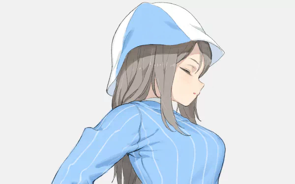 HD PC desktop wallpaper of Mika from Girls und Panzer anime, featuring her in a blue hoodie with a calm expression on a plain background.