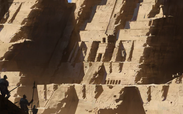 4K Ultra HD PC desktop wallpaper and background: a fantasy ruin carved into sunlit sandstone cliffs with shadowed terraces and tiny silhouetted figures for scale.