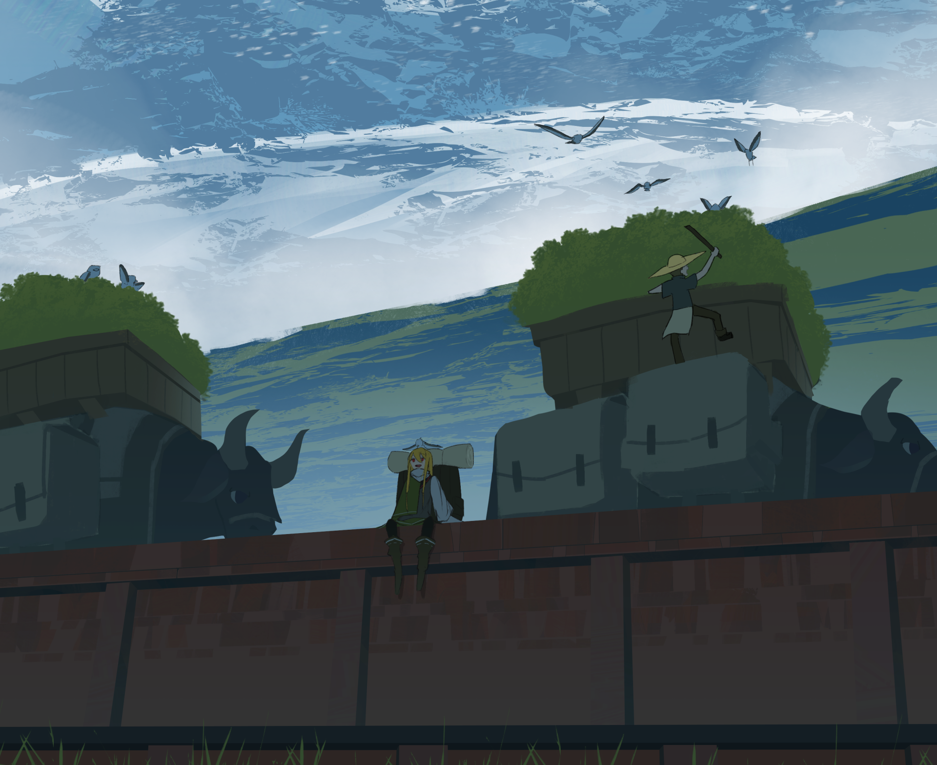 Anime original 2K Quad HD PC desktop wallpaper: blonde character on a wall beside giant buffalo carts laden with greenery beneath a cloudy sky and soaring birds.
