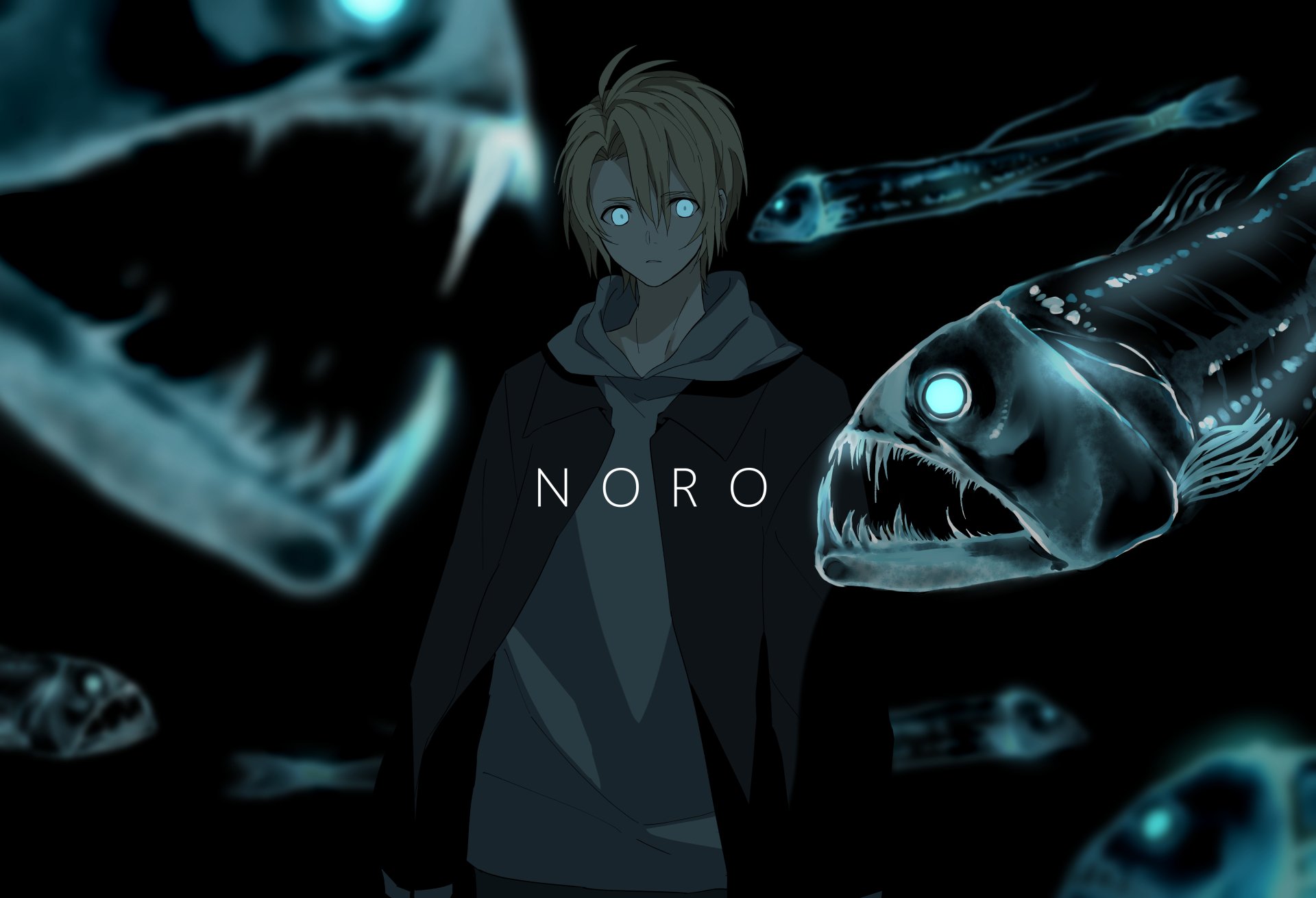 Anime boy with short blonde hair and glowing blue eyes surrounded by bioluminescent deep-sea fish; moody 4K Ultra HD PC desktop wallpaper background with NORO text.