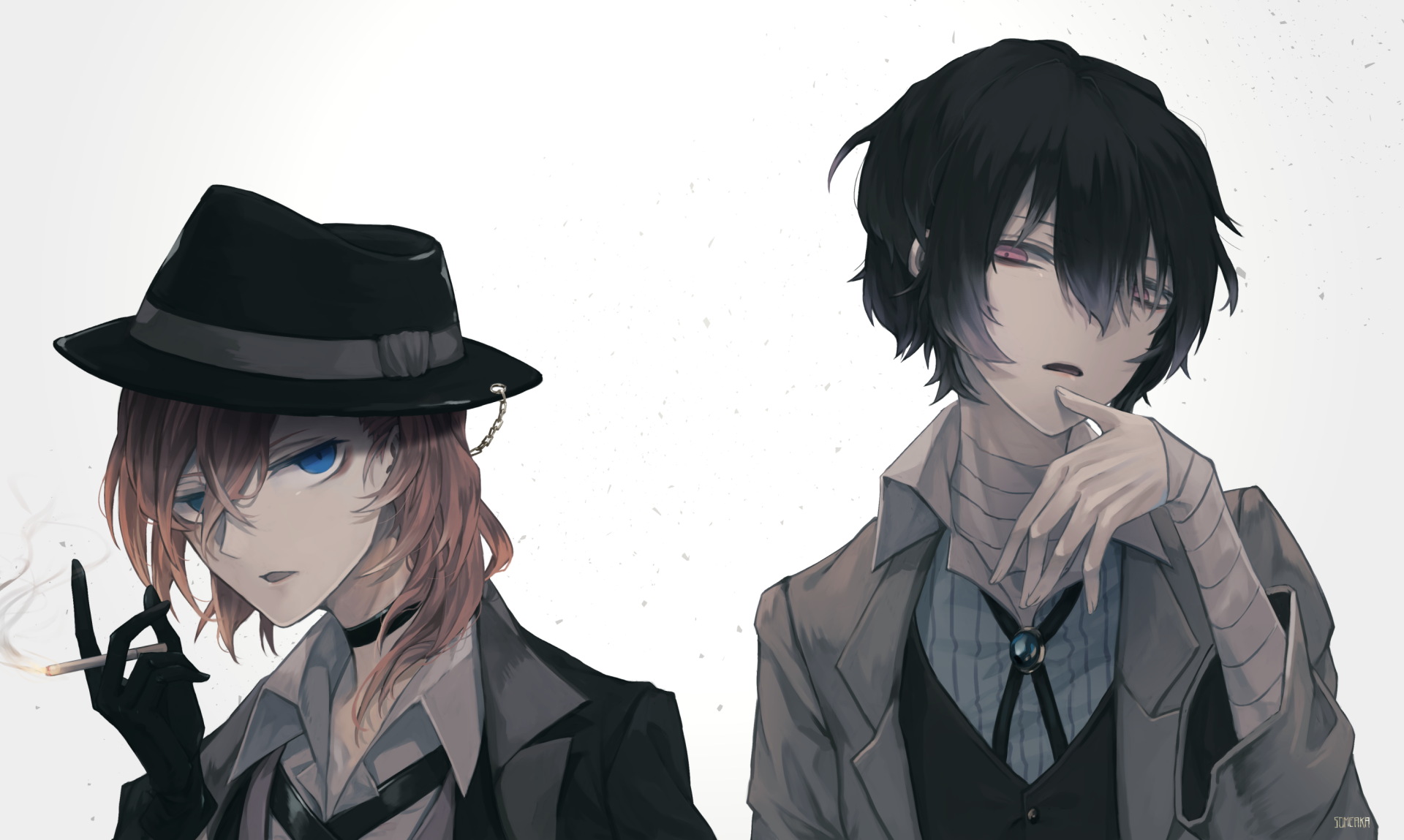 2K Quad HD PC desktop anime wallpaper of Bungou Stray Dogs: Chuya Nakahara in a fedora smoking beside bandaged, dark‑haired Osamu Dazai against a minimalist pale background.