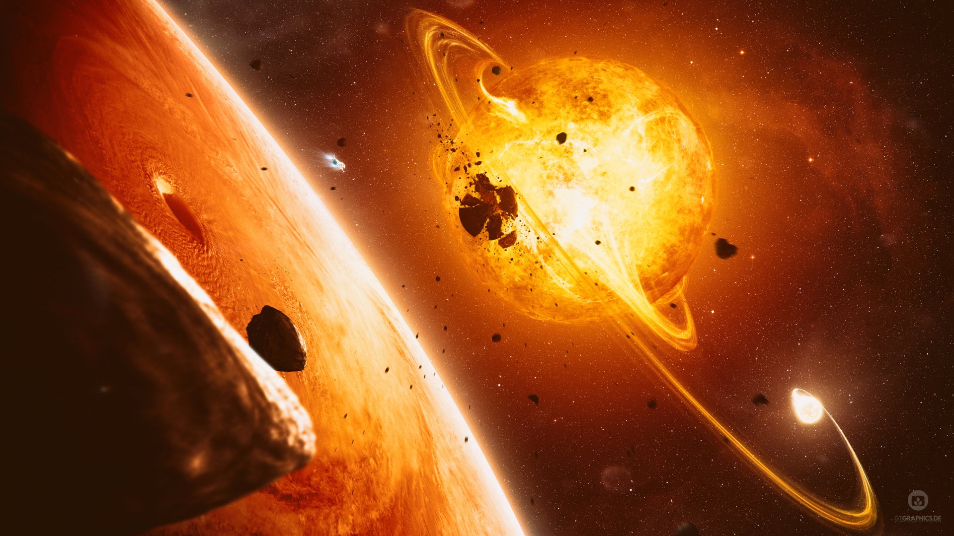 HD sci-fi PC desktop wallpaper showing a fiery sun with glowing rings, surrounded by asteroids and a nearby planet, set against a cosmic orange backdrop.