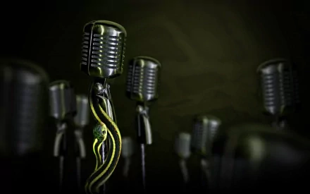 A striking HD desktop wallpaper featuring vintage microphones with a unique entwined cable design, set against a dark, textured background that evokes a musical atmosphere.
