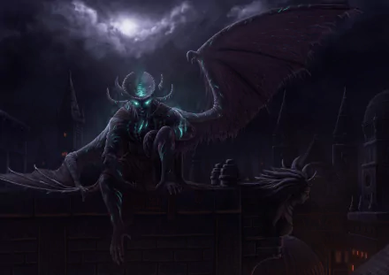 A dark fantasy demon with glowing eyes and massive wings perches atop a stone structure under a moonlit sky, creating a moody HD PC desktop wallpaper background.