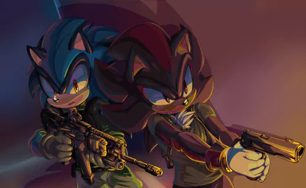 HD PC wallpaper featuring Shadow the Hedgehog from the Sonic the Hedgehog video game, armed with a rifle and handgun in a dynamic, intense pose.