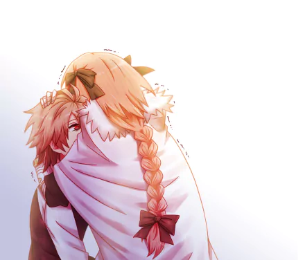 HD anime desktop wallpaper featuring Sieg and Astolfo from Fate/Apocrypha in a warm, close embrace with bright, soft lighting and detailed character art.