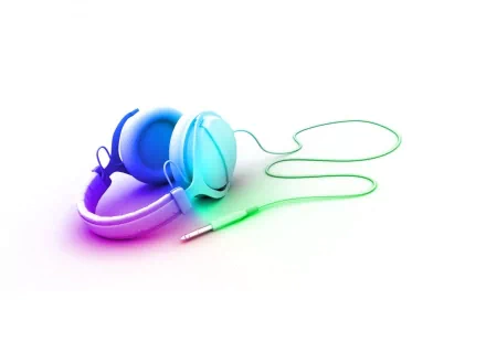 A vibrant HD wallpaper featuring stylish headphones in shades of blue and green, intertwined with a colorful cable, representing a passion for music.