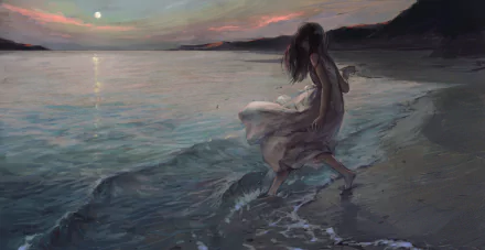 Anime-style HD desktop wallpaper of a long-haired black-haired figure walking barefoot along a tranquil beach at sunset, with waves gently lapping the shore.