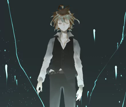 Sieg (Fate/Apocrypha) anime character standing with closed eyes in a vest and white shirt, teal energy streaks across a dark backdrop — 4K Ultra HD PC desktop wallpaper/background.