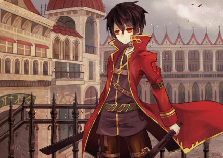 HD PC desktop anime wallpaper of an original brown-haired, red-eyed swordsman in a red coat standing on a balcony overlooking an ornate cityscape.