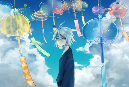 kimono blue eyes white hair wind chime Anime Original HD Desktop Wallpaper | Background Image