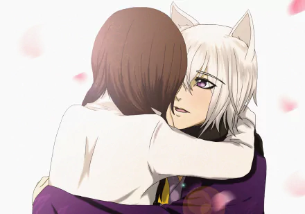 HD PC desktop anime wallpaper of Tomoe from Kamisama Kiss (Kamisama Hajimemashita): white-haired fox yokai embraces a brown-haired girl as pink petals float.