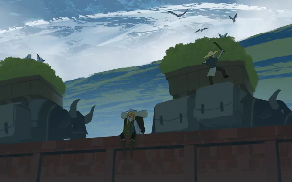 Anime original 2K Quad HD PC desktop wallpaper: blonde character on a wall beside giant buffalo carts laden with greenery beneath a cloudy sky and soaring birds.