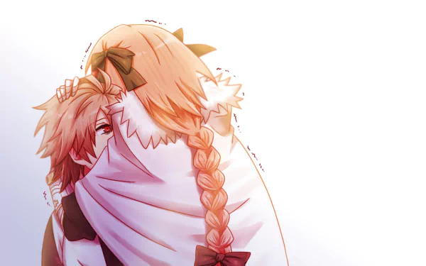HD anime desktop wallpaper featuring Sieg and Astolfo from Fate/Apocrypha in a warm, close embrace with bright, soft lighting and detailed character art.