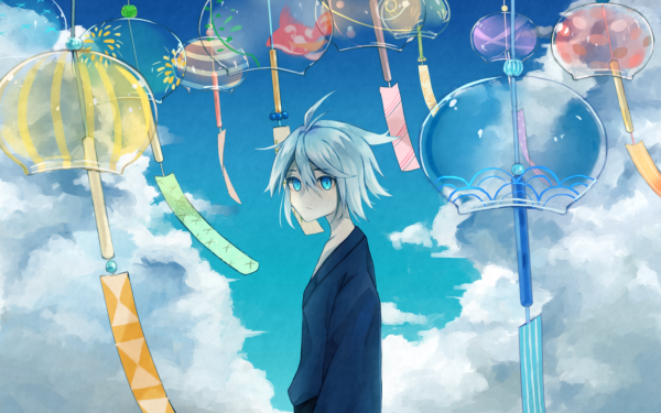 Anime Original Wind Chime White Hair Blue Eyes Kimono HD Wallpaper | Background Image