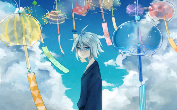 Anime-style character with white hair and blue eyes wearing a kimono, surrounded by colorful wind chimes against a bright blue sky, in an HD desktop wallpaper.