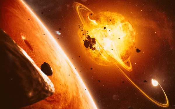 HD sci-fi PC desktop wallpaper showing a fiery sun with glowing rings, surrounded by asteroids and a nearby planet, set against a cosmic orange backdrop.