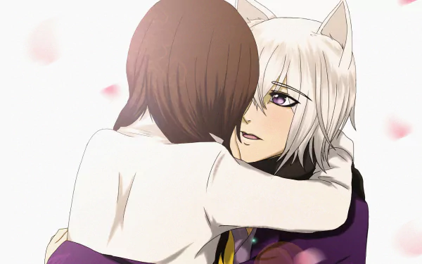 HD PC desktop anime wallpaper of Tomoe from Kamisama Kiss (Kamisama Hajimemashita): white-haired fox yokai embraces a brown-haired girl as pink petals float.