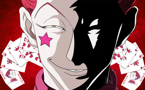HD desktop wallpaper featuring Hisoka from Hunter × Hunter against a red background with playing cards surrounding him.