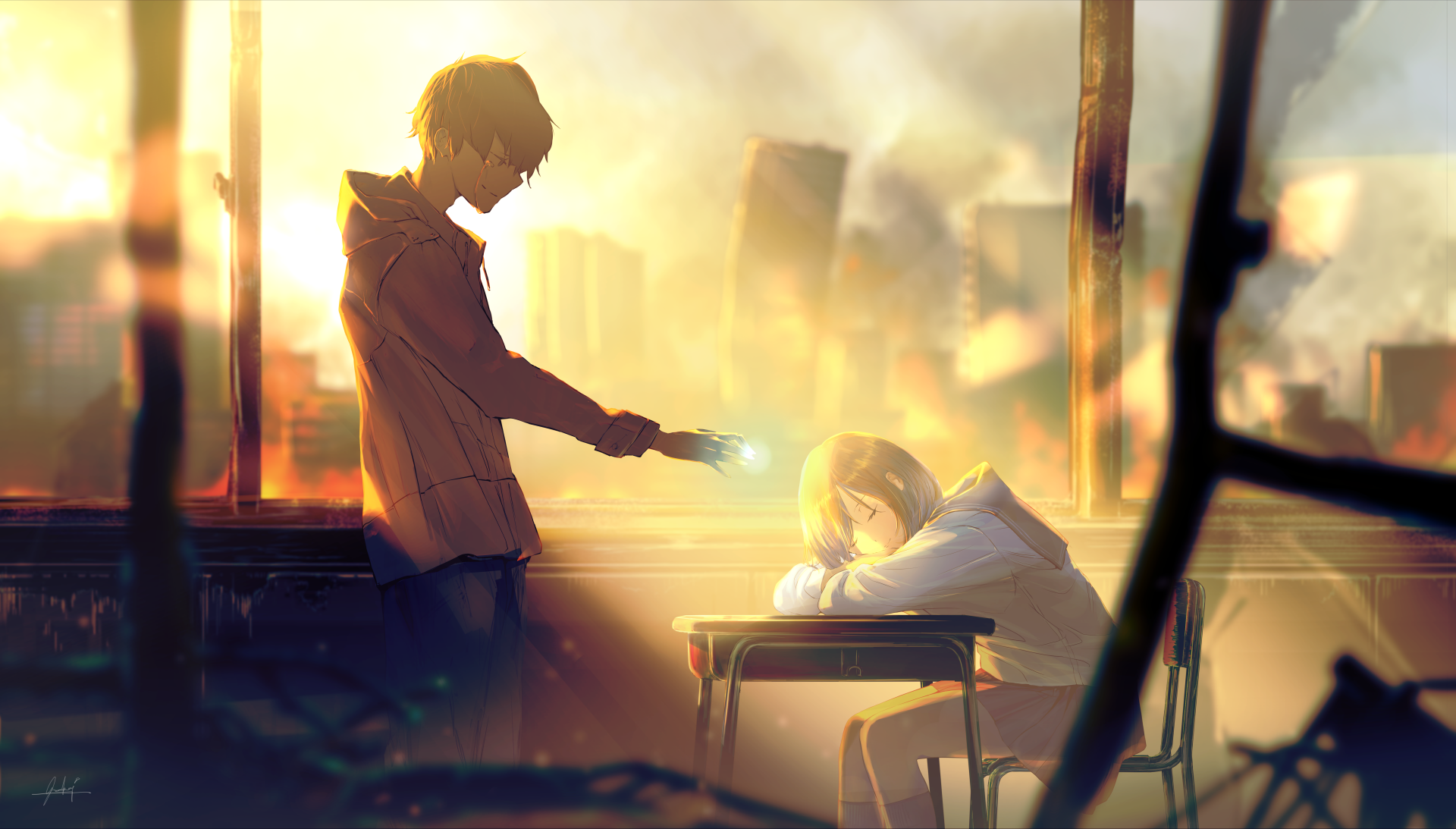 HD desktop wallpaper featuring an anime scene with two characters in a sunlit, post-apocalyptic cityscape; one standing with a glowing hand over another seated at a desk.