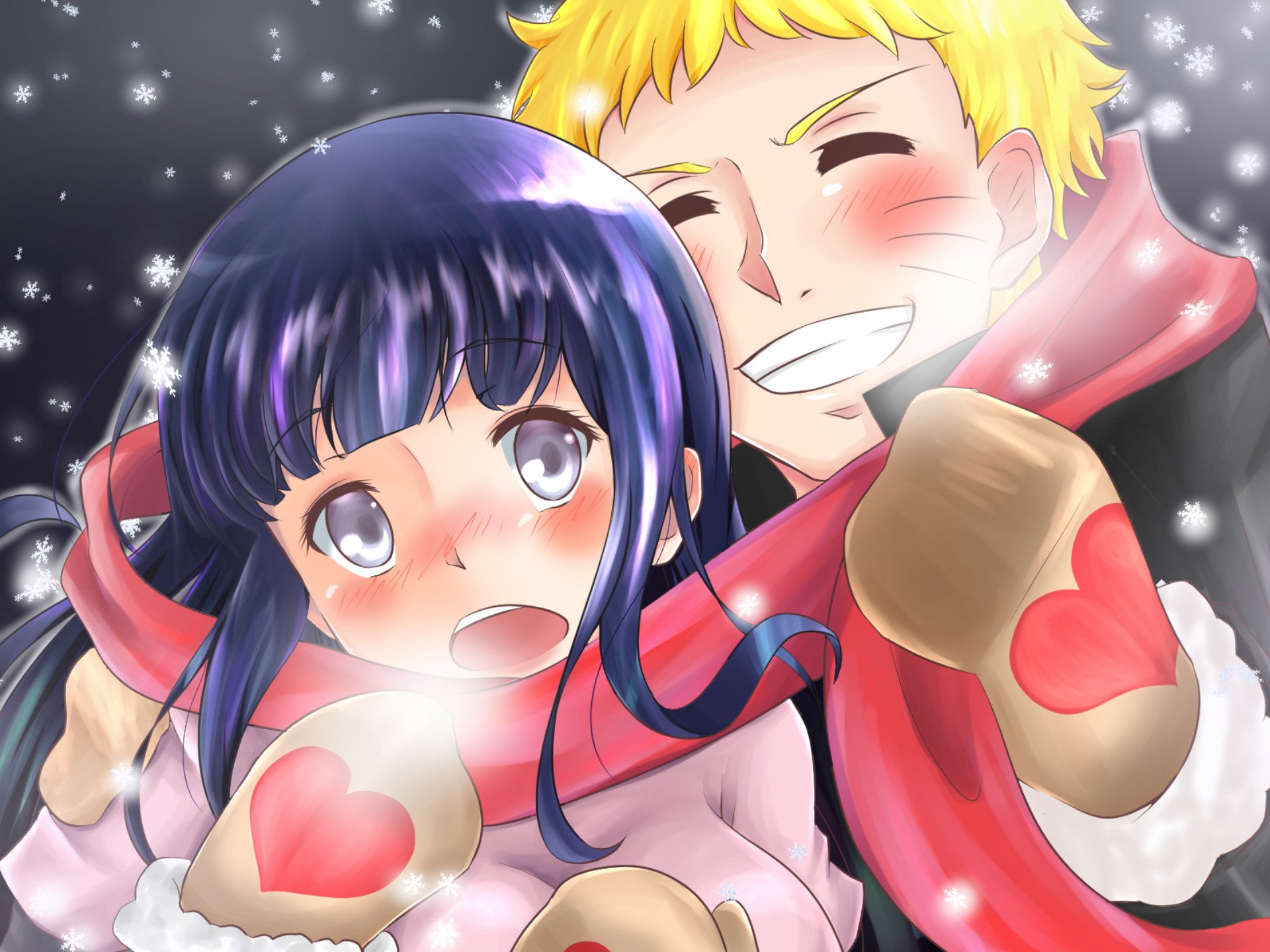 HD anime desktop wallpaper featuring Naruto Uzumaki and Hinata Hyuga from Naruto, smiling warmly together with hearts and a starry background.