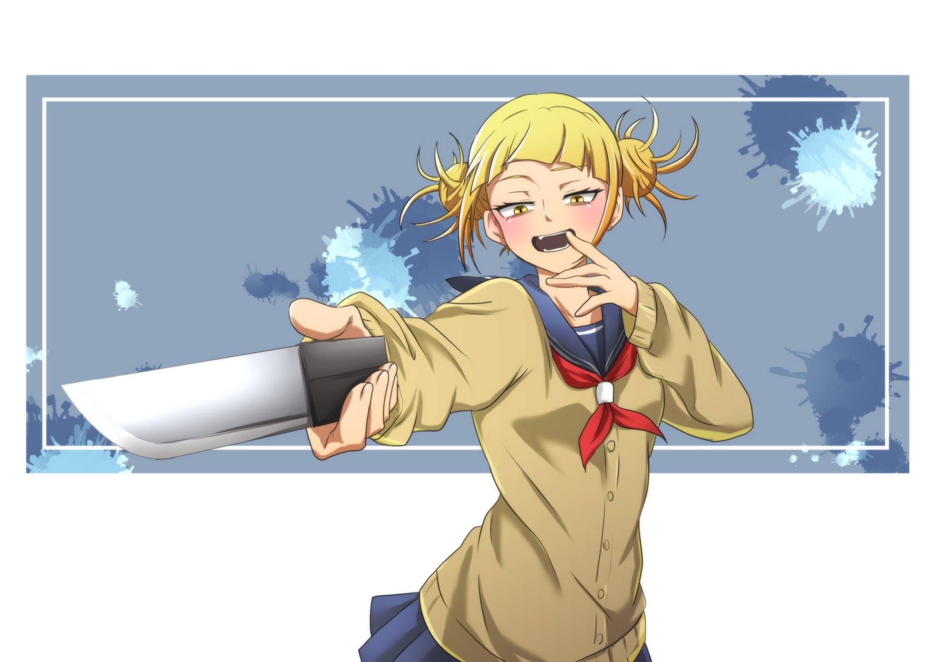 Himiko Toga from My Hero Academia holding a knife with a playful expression, set against a blue splattered background in an HD anime desktop wallpaper style.