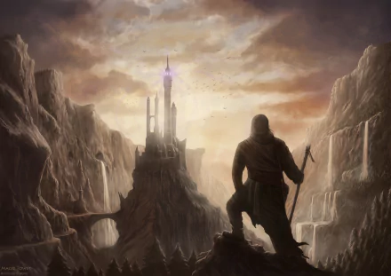 2K Quad HD PC desktop wallpaper: a lone cloaked figure on a cliff gazes at a spired fantasy castle rising between jagged cliffs beneath a glowing, storm-touched sky.