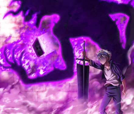 HD desktop wallpaper featuring Asta from the anime Black Clover. Asta stands with his sword, surrounded by a dark, mystical aura, with his grimoire glowing in the background.