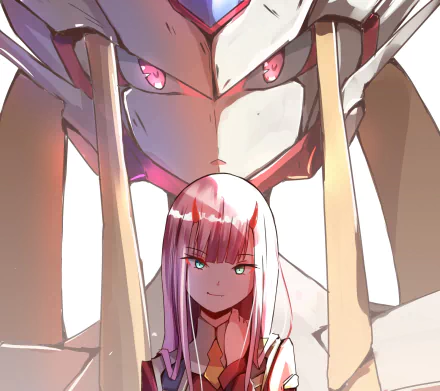 HD anime desktop wallpaper featuring Zero Two and Strelizia from Darling in the FranXX with a dramatic close-up and vibrant colors.