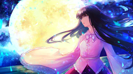 Kaguya Houraisan (Touhou) anime wallpaper: flowing-haired figure in traditional robes before a glowing moon, vibrant colors — 2K Quad HD PC desktop background.
