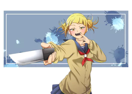 Himiko Toga from My Hero Academia holding a knife with a playful expression, set against a blue splattered background in an HD anime desktop wallpaper style.