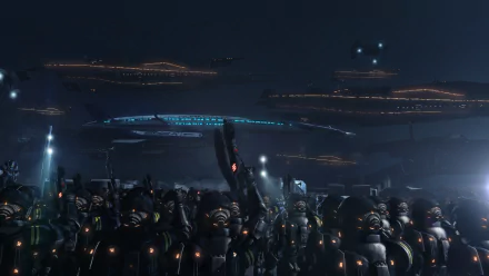 4K Ultra HD Mass Effect PC desktop wallpaper featuring a futuristic nighttime scene with armored soldiers and illuminated spacecraft in the sky.