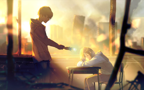 HD desktop wallpaper featuring an anime scene with two characters in a sunlit, post-apocalyptic cityscape; one standing with a glowing hand over another seated at a desk.