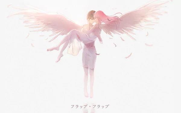 Desktop wallpaper featuring Hiro and Zero Two from 'Darling in the FranXX' depicted as angelic figures with wings, set against a soft, light background.