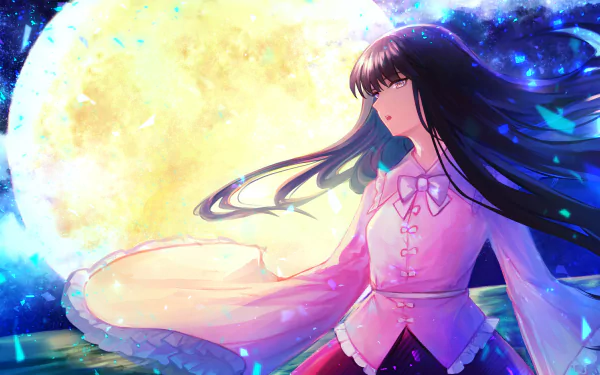 Kaguya Houraisan (Touhou) anime wallpaper: flowing-haired figure in traditional robes before a glowing moon, vibrant colors — 2K Quad HD PC desktop background.