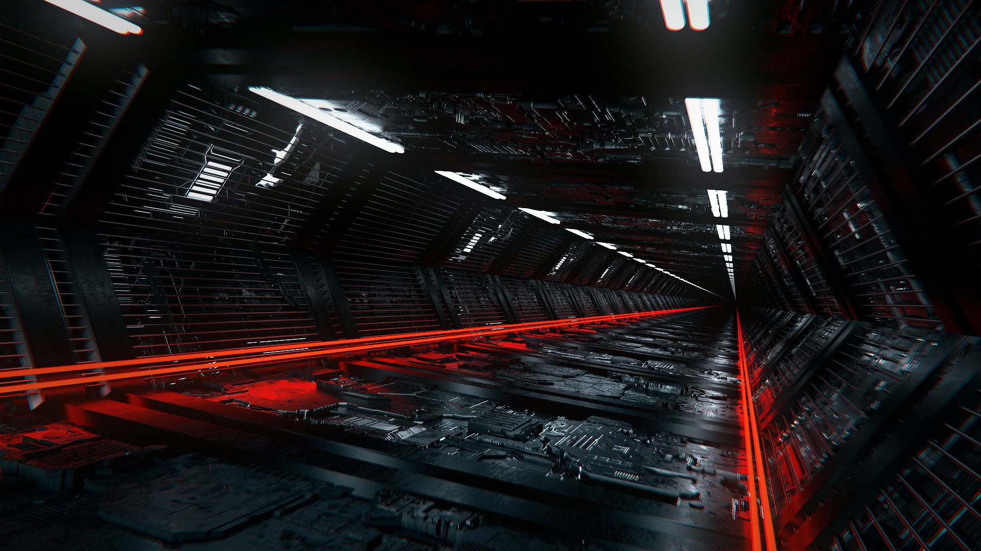 A high-definition desktop wallpaper depicting a futuristic, sci-fi space station corridor illuminated with sleek red and white lighting.