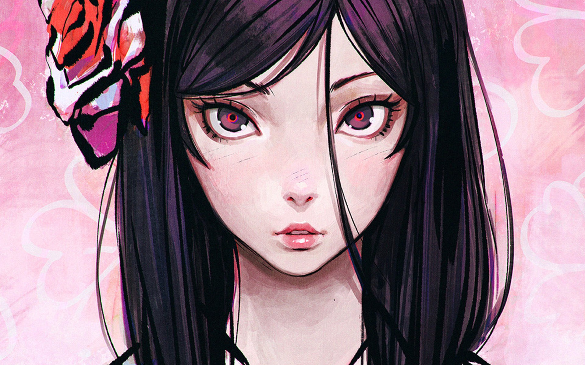 Anime-style portrait of a girl with black hair and striking red eyes, rendered in 4K Ultra HD as an original PC desktop wallpaper and background.