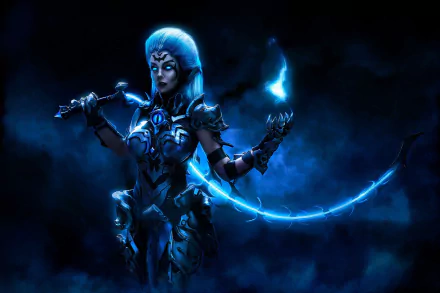 HD PC desktop wallpaper featuring a woman cosplaying Fury from Darksiders III, surrounded by dark, mystical blue energy and armor details.
