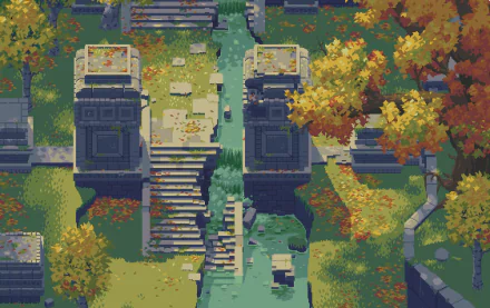 An artistic pixel art HD wallpaper depicting a serene scene of ancient stone ruins amidst vibrant autumn foliage.