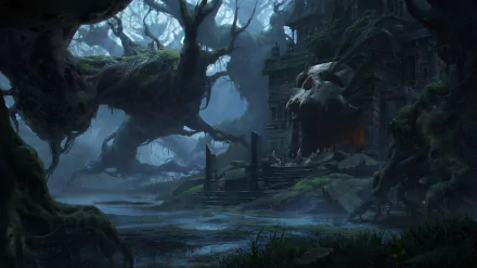 HD desktop wallpaper of a dark, fantasy swamp scene featuring a mysterious temple with a large skull, surrounded by towering, twisted trees.