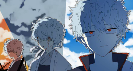 HD PC desktop wallpaper featuring Gintoki Sakata from the anime Gintama, showcasing his distinct silver hair and intense expression against a dramatic sky backdrop.