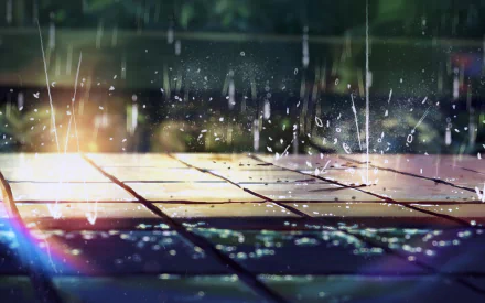 Anime-style HD desktop wallpaper featuring a serene nature scene with rain droplets gently falling on a tiled surface.
