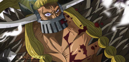 HD anime wallpaper featuring Jack from One Piece, showcasing his fierce expression and battle wounds in a dynamic, detailed scene.