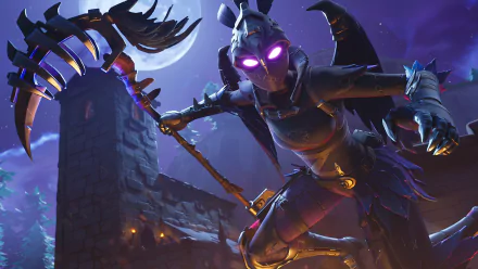 4K Ultra HD Fortnite loading screen wallpaper featuring a dark, glowing-eyed character wielding a scythe in a nighttime, eerie setting for PC desktop background.
